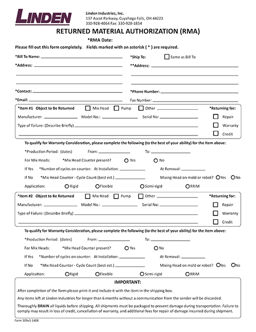 Return Material Authorization Form